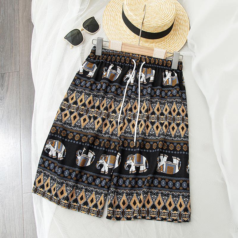 Hose mit Elefantenprint Damen Ethnischer Stil Locker Weitbeinig Strandhose Heim Freizeit Hochtailliert Dünn Trend Fünf-Minuten-Shorts