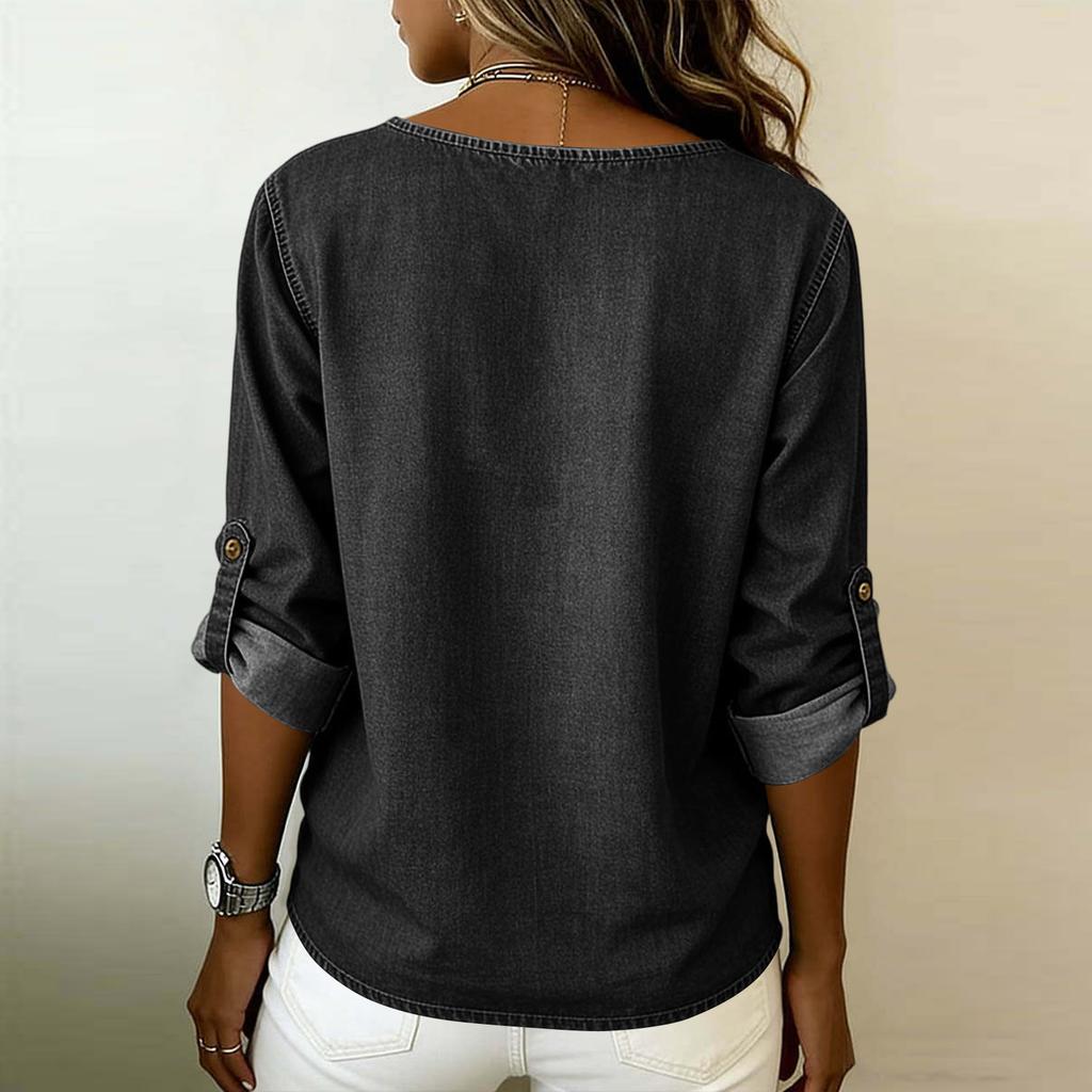 Top Pulover Casual cu Mânecă Lungă pentru Femei Aspect Denim Gât Rotund Bluză Detaliu Nasturi Fante Laterale Material Ușor Croială Relaxată