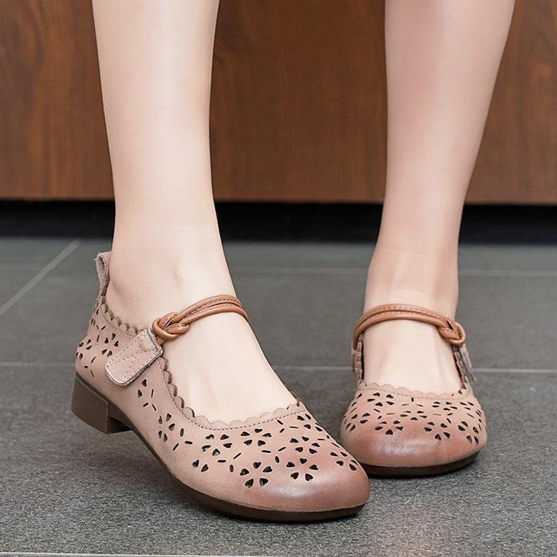 Women's shoes summer new sandals women's retro hollow breathable cowhide hole shoes soft-soled mother shoes
