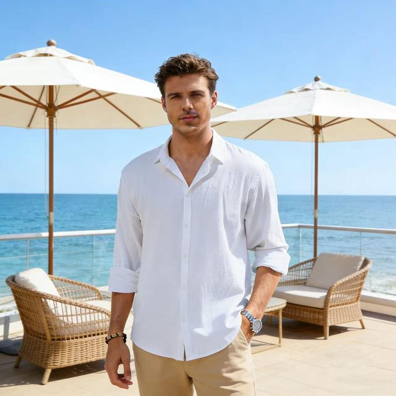 

Men Light Blue Linen Blend Lapel Button Down Casual Shirt M белый