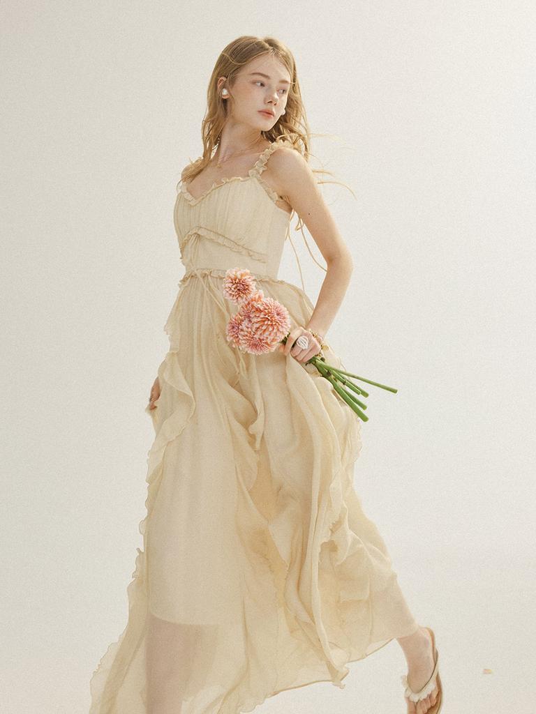 Sinseuden Of Ruffle Sleeveless Long Dress