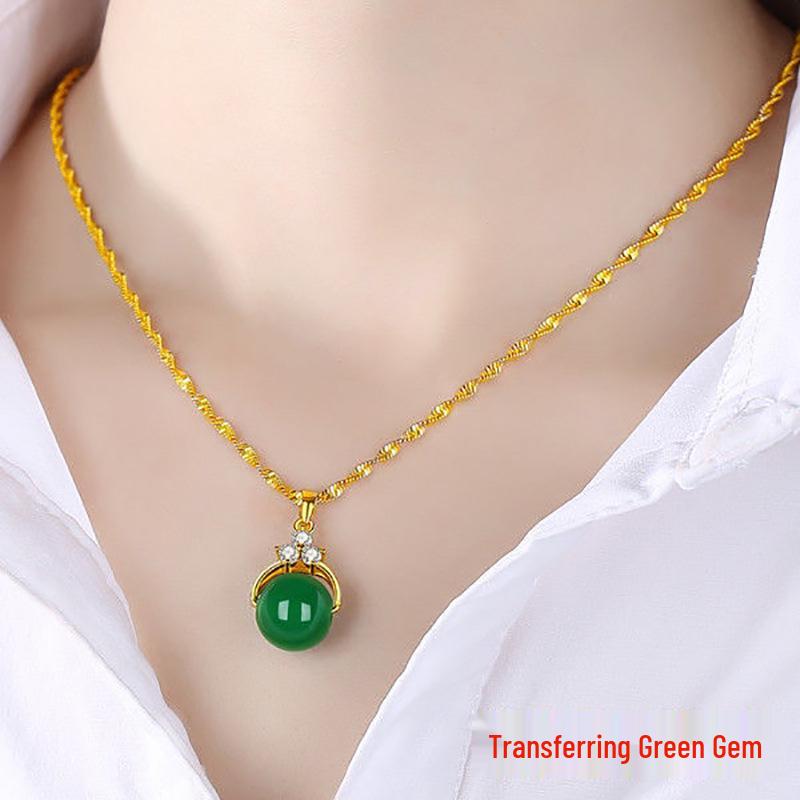 Gold-Plated Double Water Wave Necklace with Ruby & Emerald Pendant