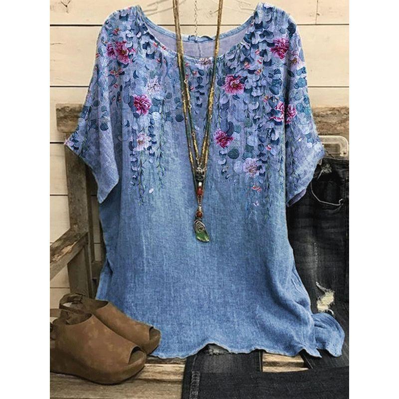 Printed round Neck Neck Casual Loose Top Print round Neck Top Women