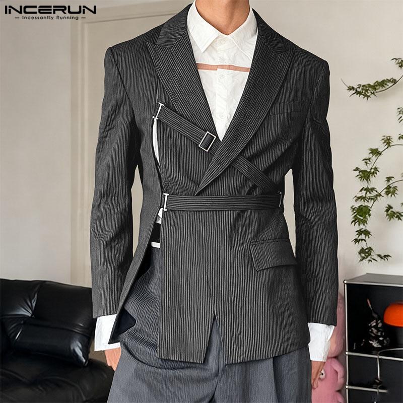 INCERUN Men Notched Lapel Long Sleeve Striped Cutout Front Cross Party Thin Blazer Coats