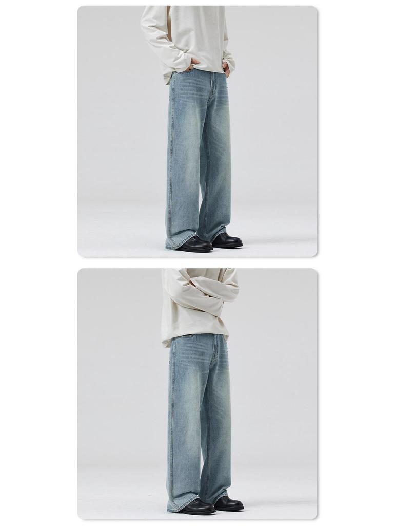 LKTM Men's & Women's Trendy Light Blue Washed Jeans - Versatile Loose Straight Leg Pants for Spring/Summer