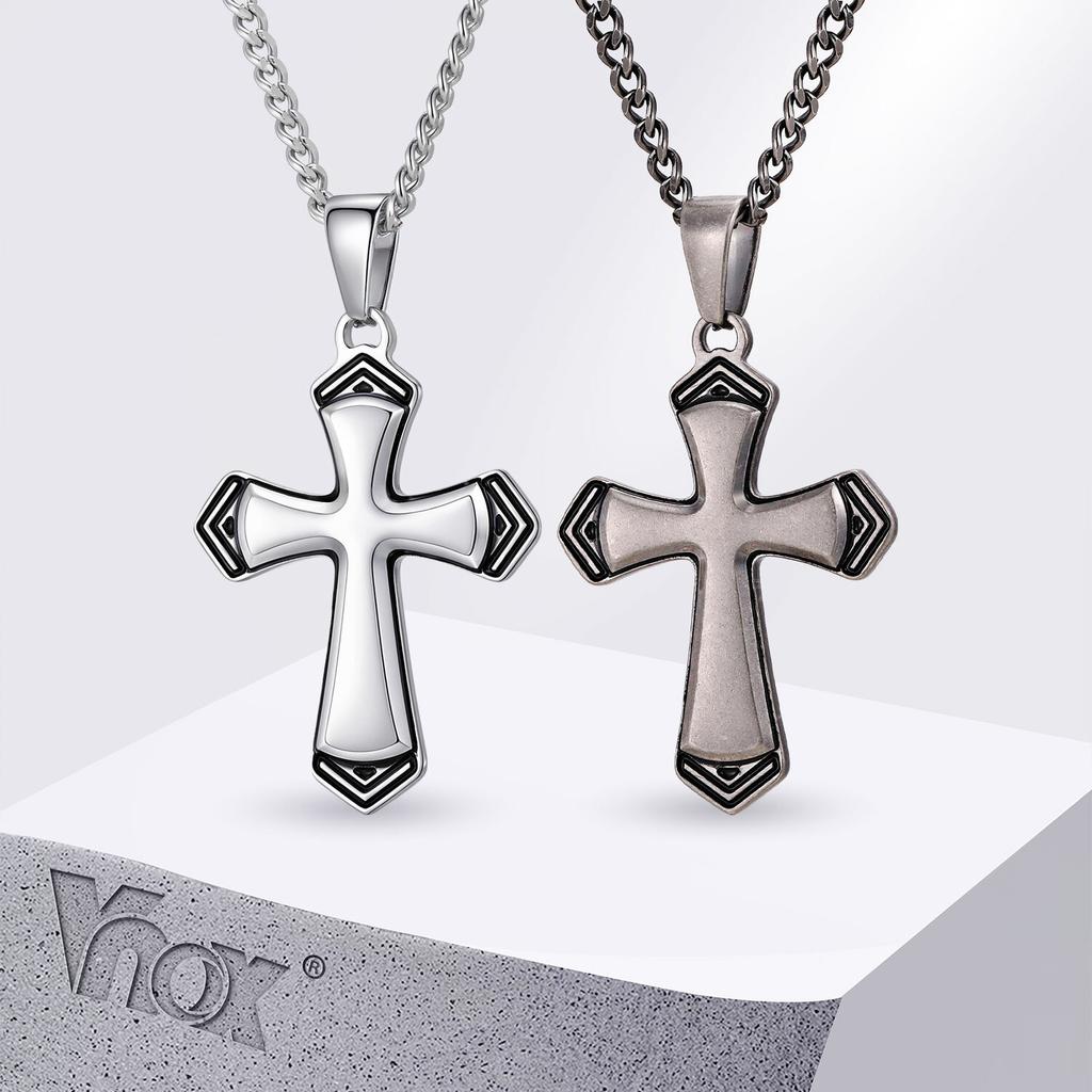 Vnox Men's Punk Cross Necklace, Stainless Steel Cross Pendant with Cuban Link Chain, Vintage Silver Color Jewelry for Men Boys