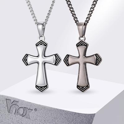 Vnox Men's Punk Cross Necklace, Stainless Steel Cross Pendant with Cuban Link Chain, Vintage Silver Color Jewelry for Men Boys