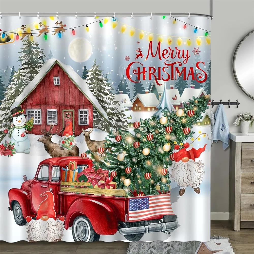 

Christmas Shower Curtain, Winter Snowman Farm Christmas Tree Snowflake Santa Claus Dinosaur Farmhouse Truck Bathroom Decor 90x180cm