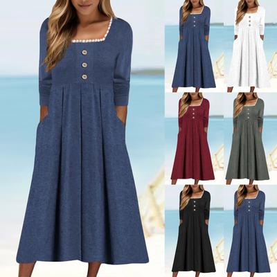 Women's Casual Fashion Long Sleeve Square Collar Lace Solid Color Vintage Long Dresses With Pocket Autumn And Winter