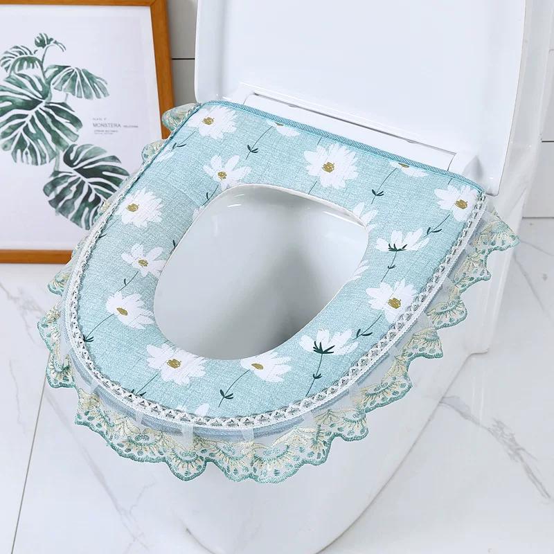 

European Lace Toilet Seat Pad Waterproof All Season Universal Zipper Toilet Seat Cushion for Household Toilets Washed Cotton Fabric Sanitary Cushion 43x37cm 1pcs