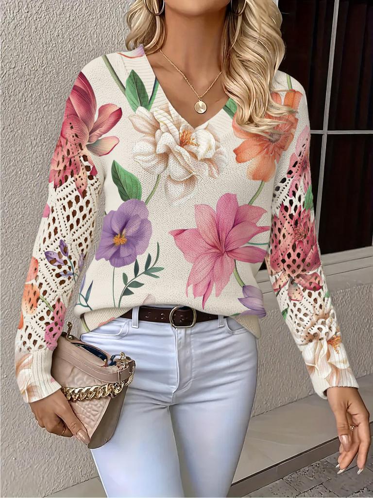Neues bedrucktes V-Ausschnitt-Oberteil Damen beliebter Pullover Langarm Frühling und Herbst Pullover