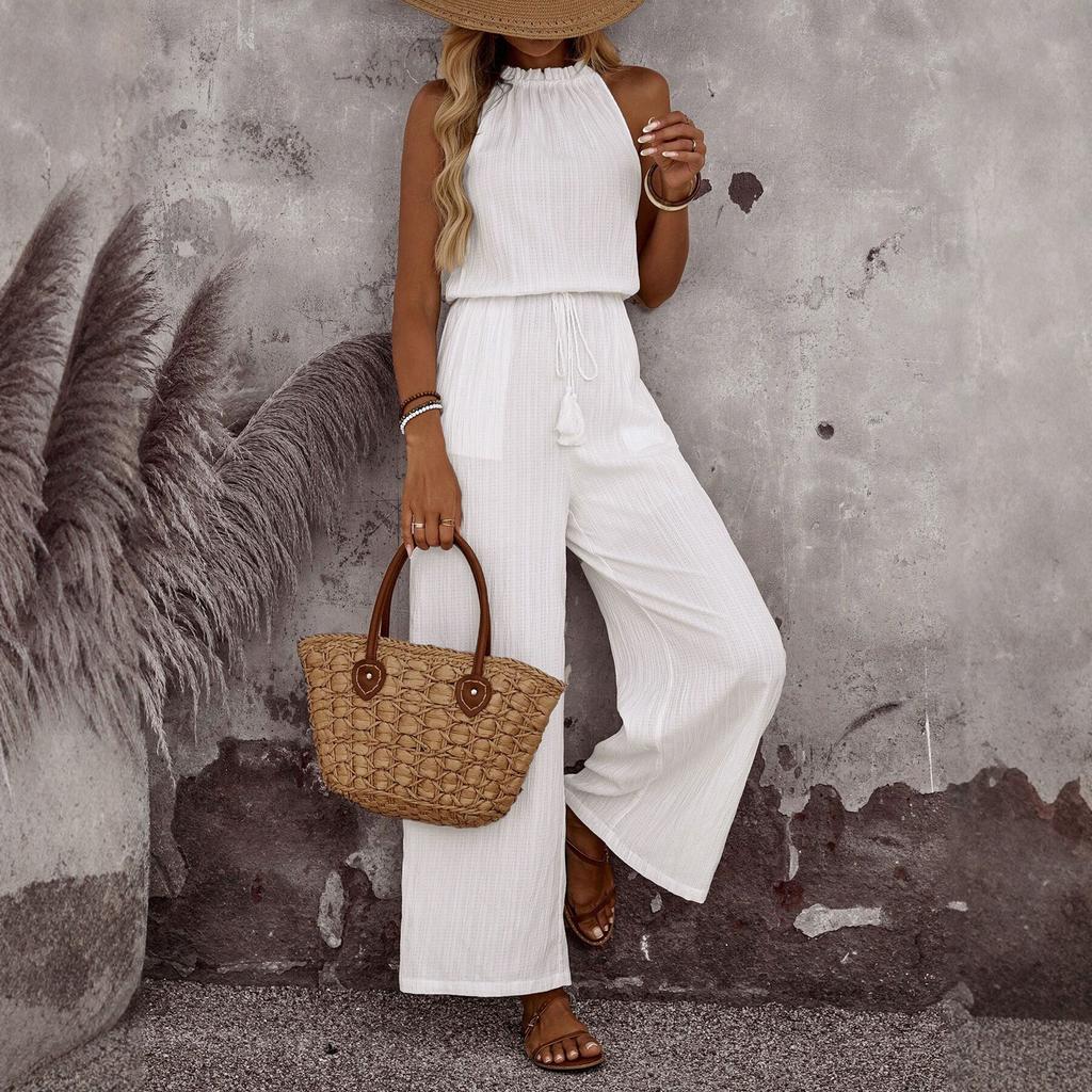 Women's Halter Neck Sleeveless Jumpsuit Loose Fit Elastic Waist Solid Color Wide Leg Vacation Romper