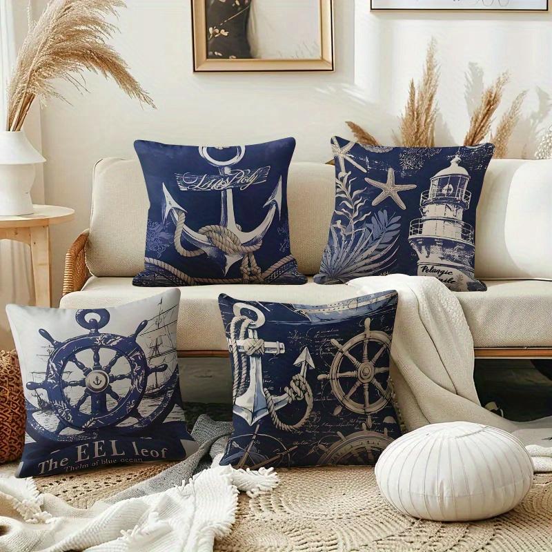 4Pcs Ocean-Themed Nautical Element Pillow Covers / Cushion Covers, Includes Anchor And Lighthouse Designs, Three Sizes Available