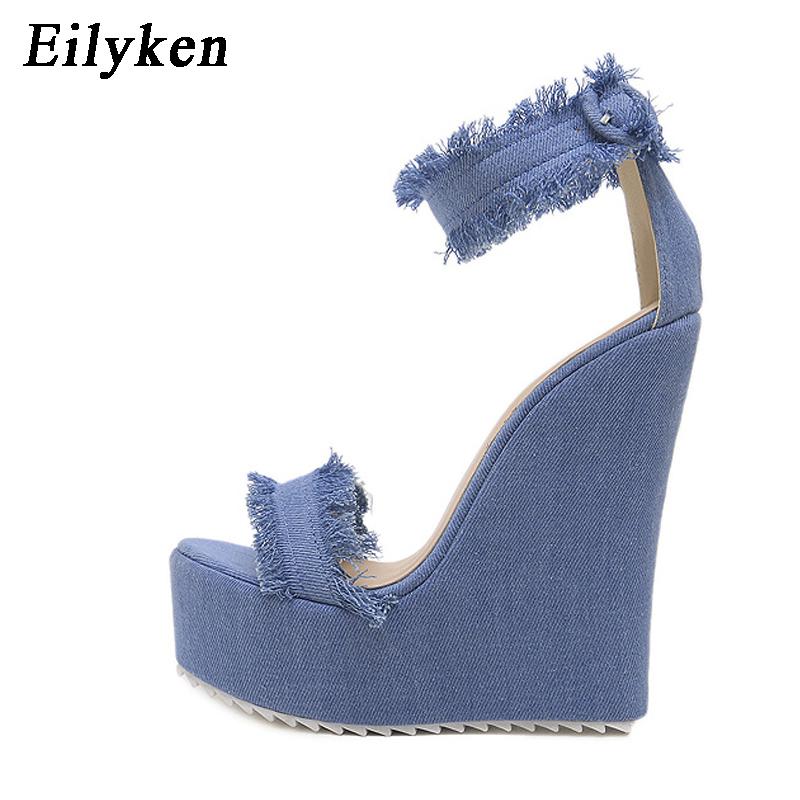 

Eilyken Designer Denim Sandals Summer Woman High Quality Wedges High Heels Peep Toe Platform Roman Shoes 35 синий