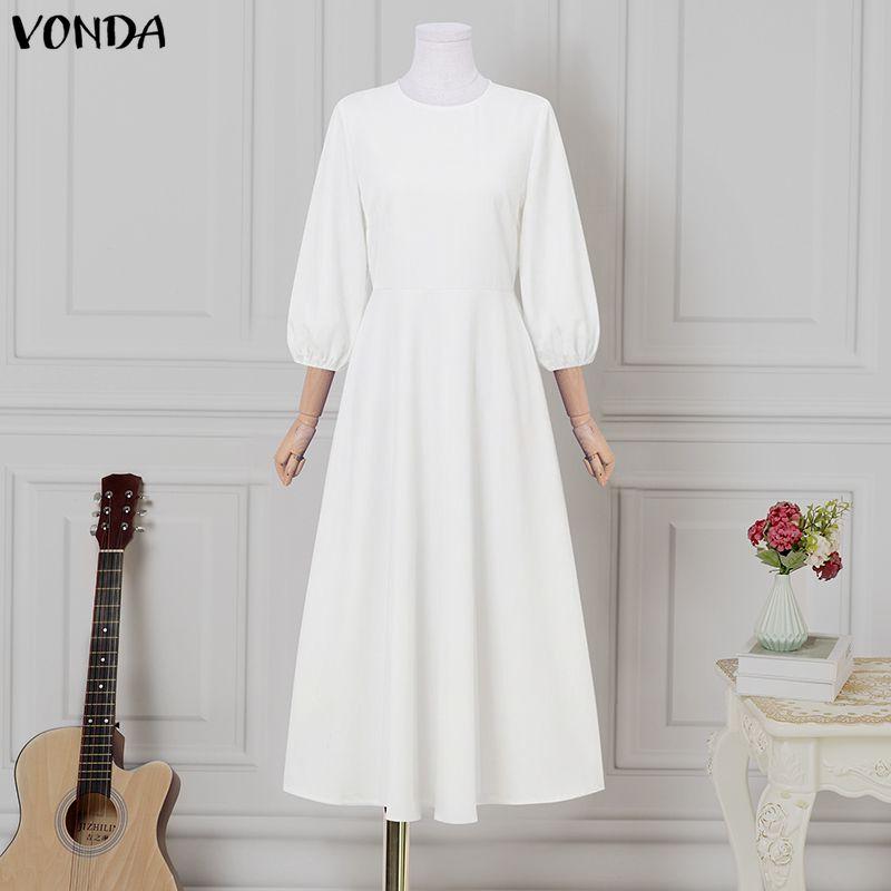 

VONDA Elegnat Women Round Neck Puff Sleeve Pleated Casual Maxi Dress Sundress белый