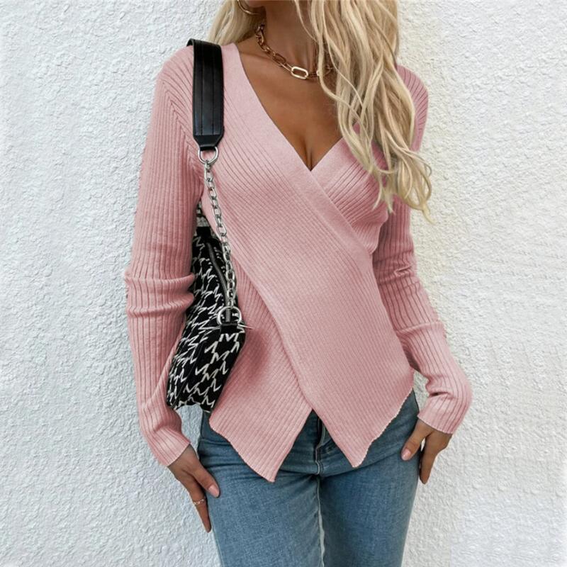 Women's Fashion Front Irregularly Crossed Long-sleeved  Knitted Pullover Sweaters Slim Ribbed Knitted Sweaters