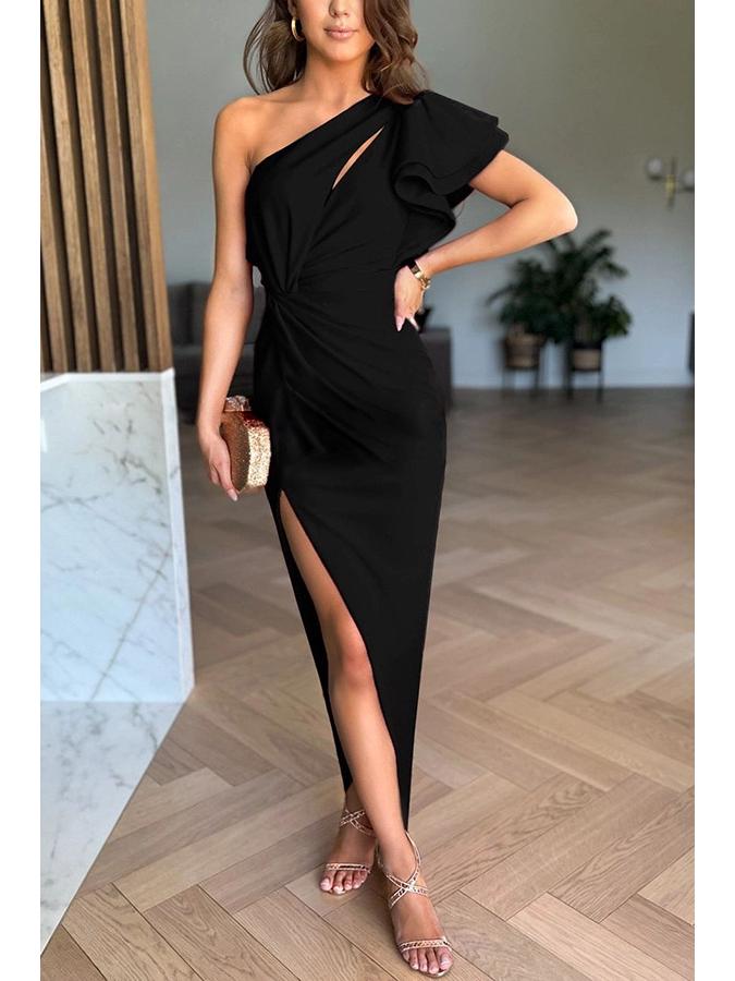 

Европейское и американское женское вечернее платье на одно плечо с вырезом, рукавами-рюшами и разрезом - однотонное 8082 Extra Large чёрный