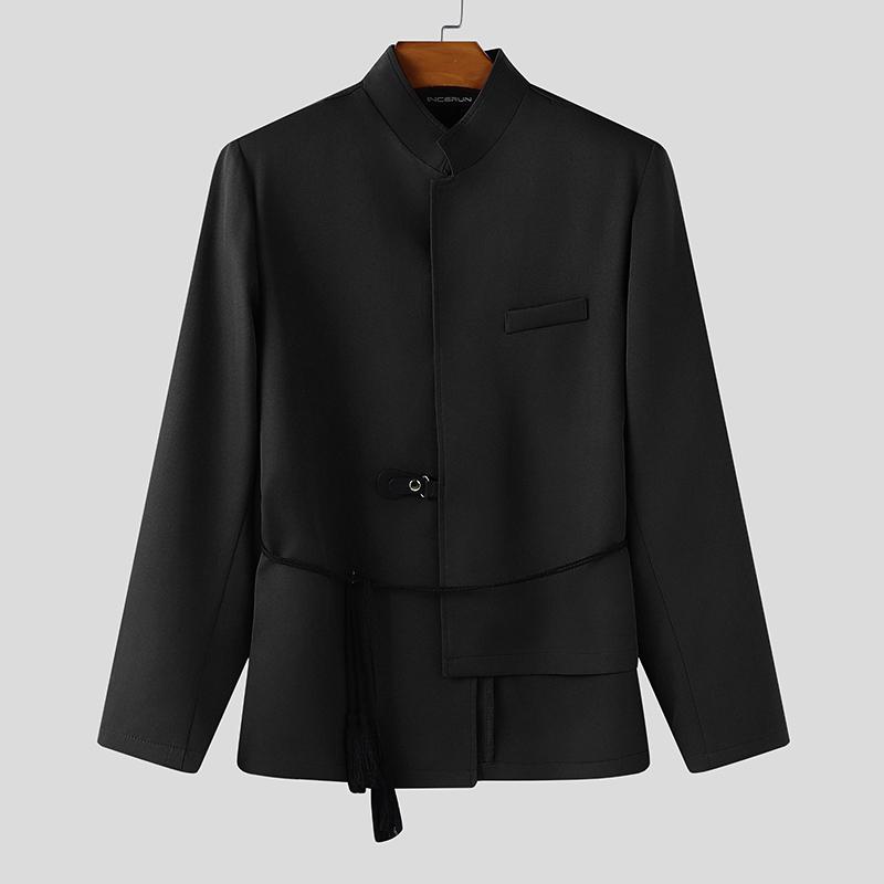 

INCERUN Мужские блейзеры с воротником-стойкой, длинными рукавами, на одной пуговице, асимметричные, тонкие чёрный