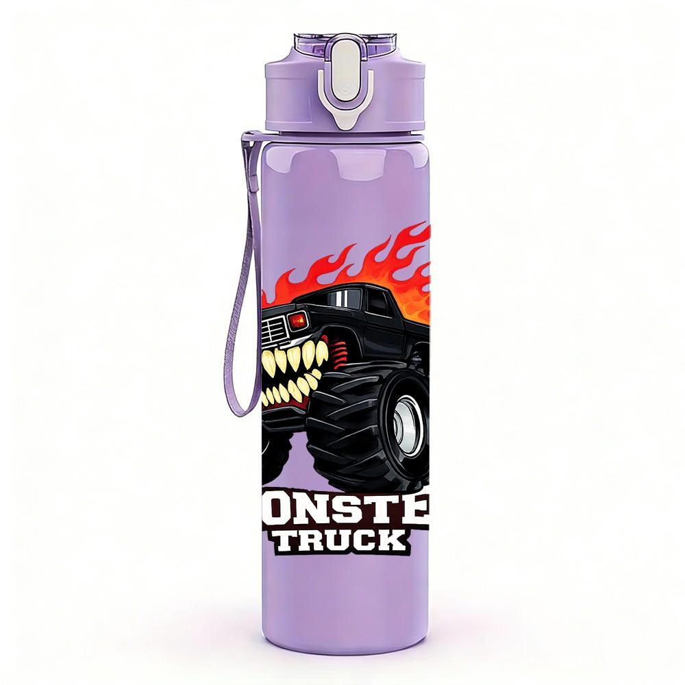 1PC Monster Truck Fire Flame Sport Print 750ml Color Plastic Sports Water Bottle Leakproof Flip Straw Lid Suitable for Sports Office Home Use