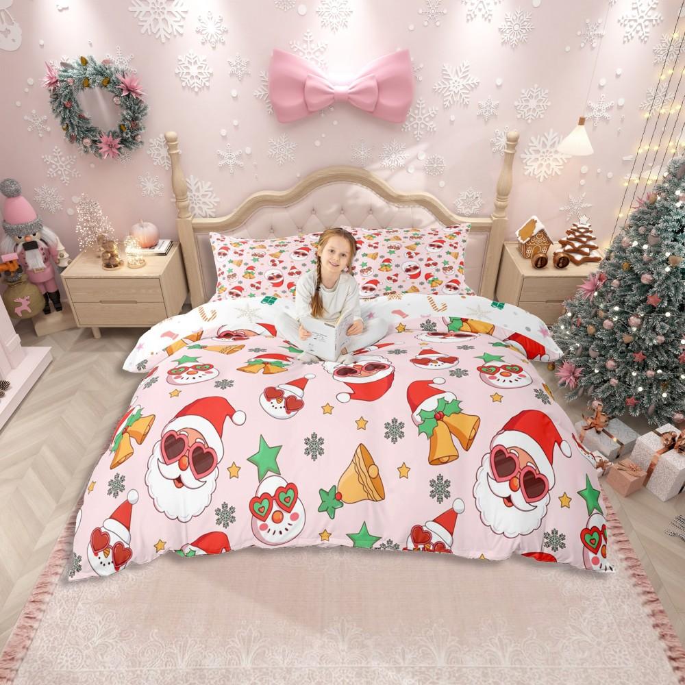 Set Husă Plapumă Drăguț Moș Crăciun Homewish pentru Adolescent, Set de Lenjerie de Pat Crăciun Om de Zăpadă Ren, Set de Pat Roz Carouri Patchwork