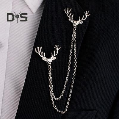 Men Lapel Pin Antler Decor Double Chains Anti-slip Dress-up Polished Suit Coat Collar Pin Coat Brooch Adult Clothes Hats Bags Jewelry