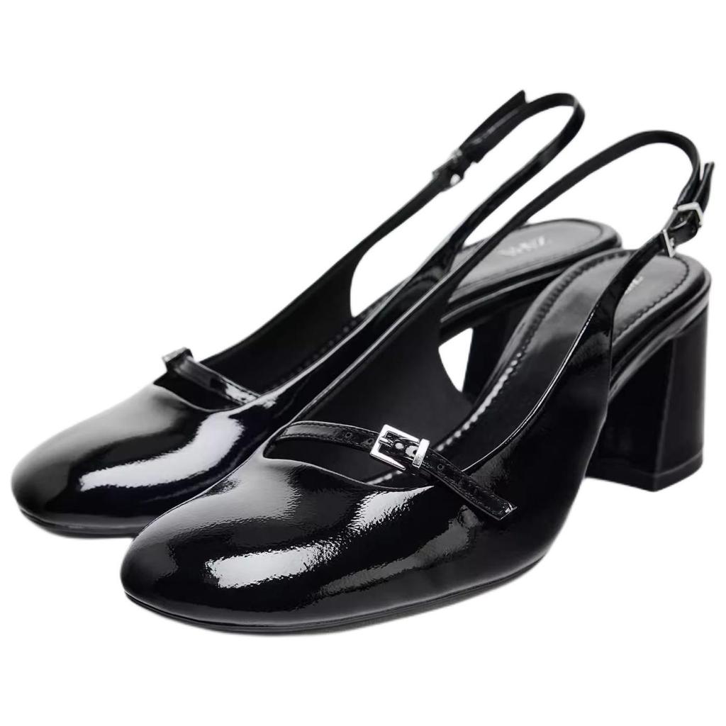 Zara New Year Collection Pu Comfortable Versatile Color Block Buckle Decor Thick Heeled High Heels 7Cm Women High Heels Black 12800510