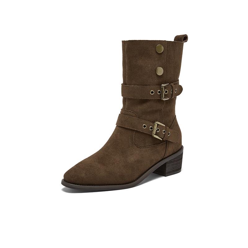 BASTO Women s Retro Chunky Heel Western Mid-Calf Boots 35