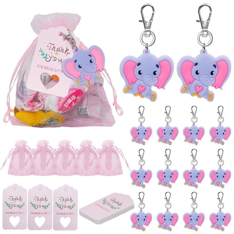 90Pcs/set Baby Shower Return Favors Elephant Keychains Organza Bags and Thank You Tags for Theme Party Favor Baby Kids