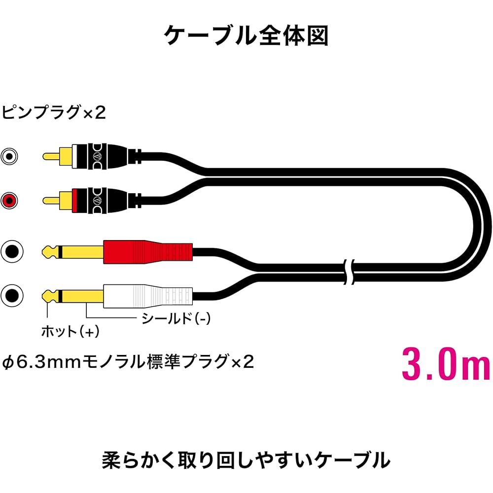 Audio-Technica Stereo Cable (RCA Pin X 2 - Phi6.3mm Mono Standard X 2) 3.0m with Conversion Plug Audio Cable RCA Cable [Domestic Product] AT-MI8
