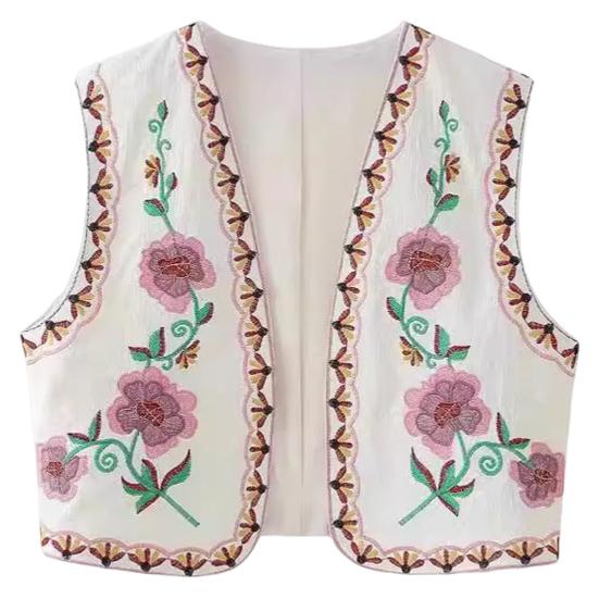 

Женский жилет в стиле ретро с цветочной вышивкой, соответствующий цвету, кардиган без рукавов с открытой строчкой, свободный короткий повседневный жилет L розовый
