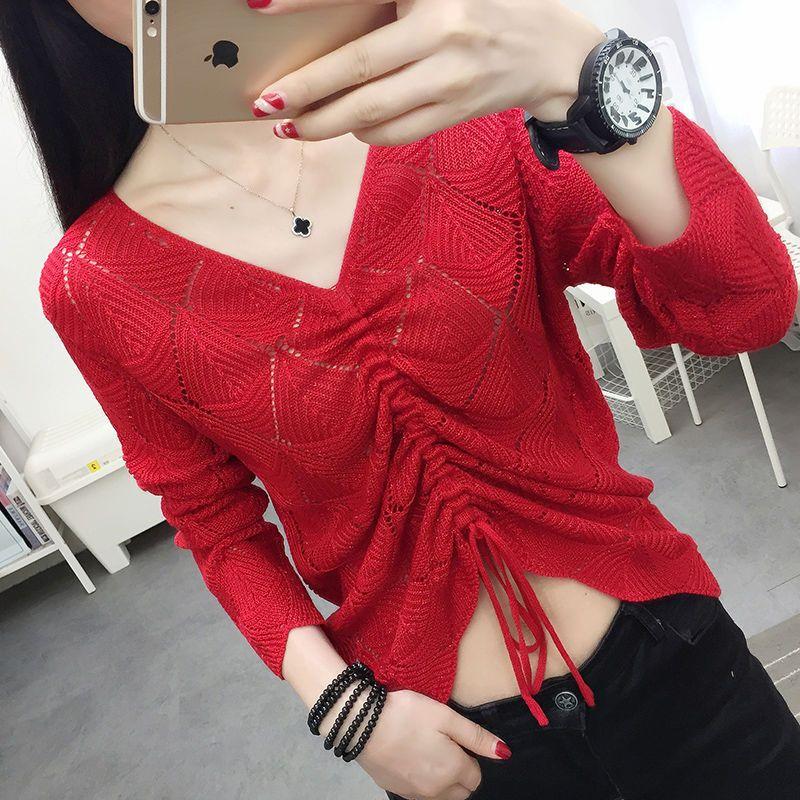 

Casual V-Neck Blended Polyester Simple New Popularity Spring Autumn Long Women s T-Shirts Fashion S червоний