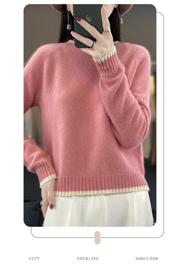 Women's Loose Color Block Cashmere Wool Sweater - Round Neck, Thick, and Stylish for Autumn & Winter