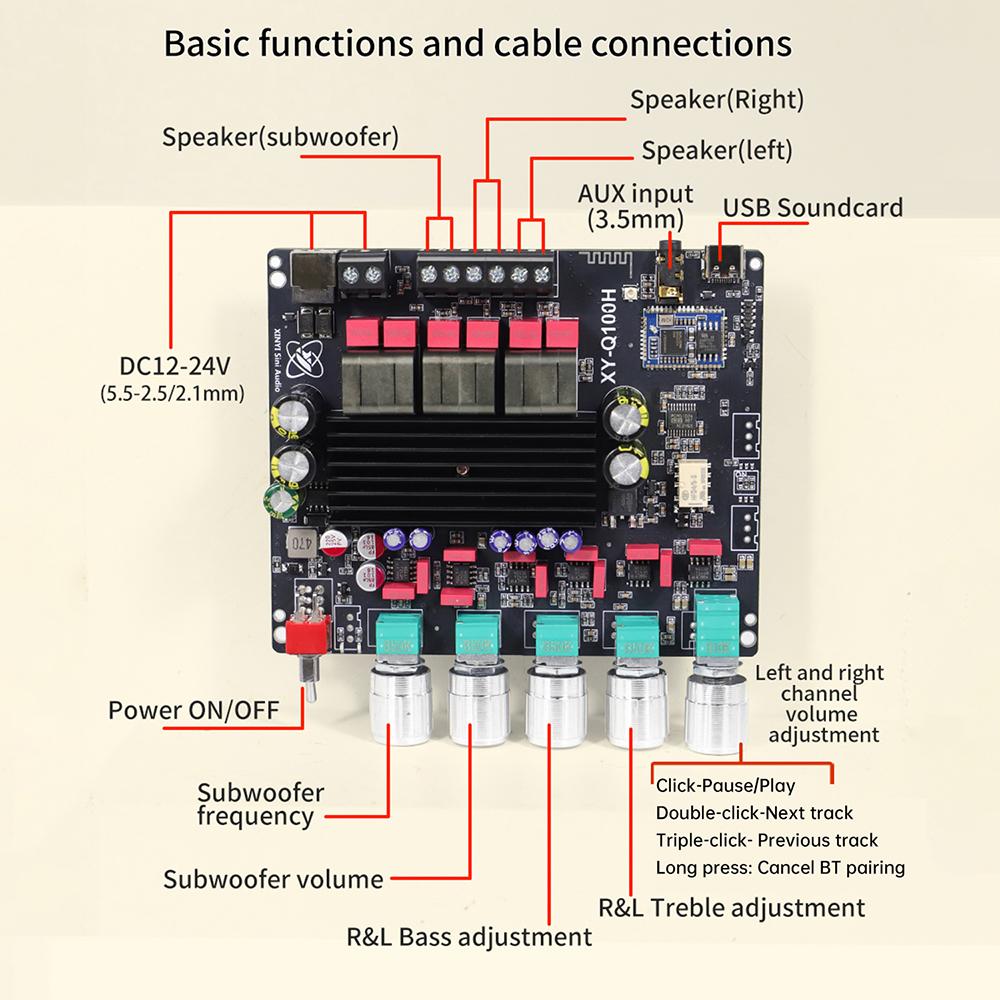 DC12-24V Q100H Bluetooth Audio Amplifier Board with Qualcomm aptX 2.1 Channel 50W*2 + 100W Amplifier TPA3116 Subwoofer Amplifier