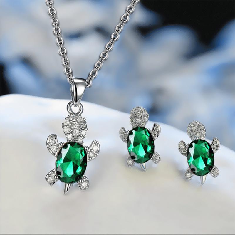Elegant Turtle Necklace and Earring Set with Full Diamond Design
