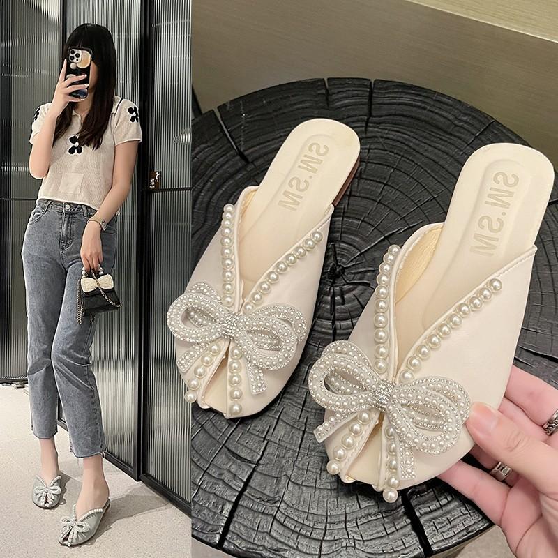 Baotou half slippers women's summer outer wear 2025 new versatile flat bottom pregnant women French pearl bow fish mouth sandals