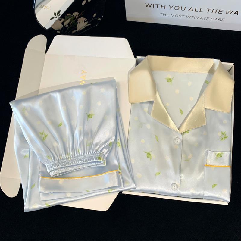 Summer Small Fresh Japanese Style Floral Short-Sleeved Pajamas Women'S Ice Silk Outer Wear Suit