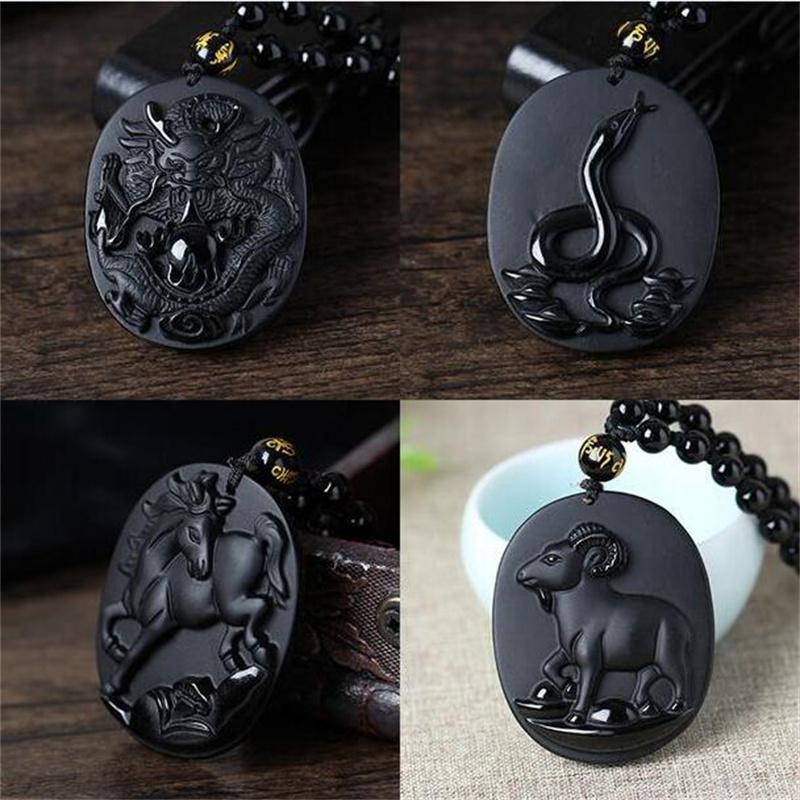 Naturalny Czarny Obsydian Rzeźbiony Chiński Starożytny Dwanaście Zwierząt Zodiaku Szczęśliwy Amulet Wisiorek Koraliki Naszyjnik Modny Prezent Biżuteria