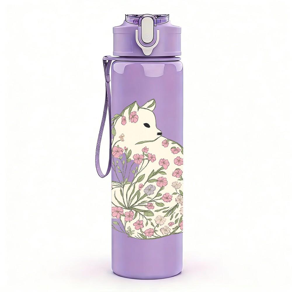 1PC Vintage Floral Cat Art 750ml Color Plastic Sports Water Bottle Leakproof Flip Straw Lid Suitable for Sports Office Home Use