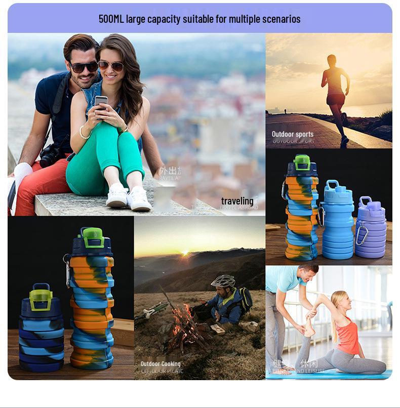 Compact Silicone Foldable Water Bottle - 500ml Portable Sports Bottle for Outdoor Activities