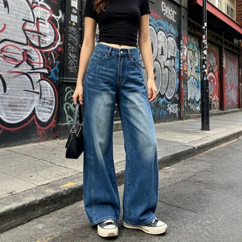 Womens High-Waisted Wide-Leg Straight Cut Denim Jeans Water Washed Comfort Fit Casual Office Wear