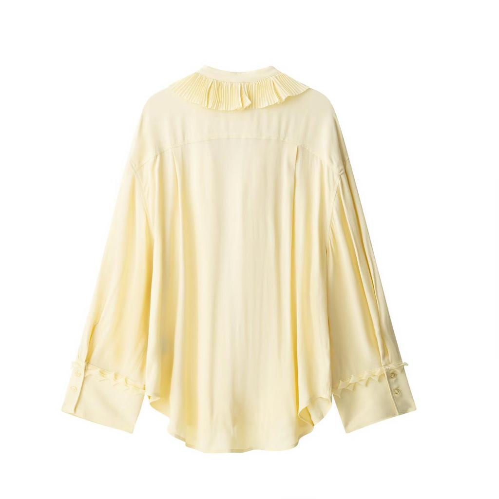 European & American Women's Spring 2025 Elegant Light Yellow Deep V-Neck Pleated Lace Shirt