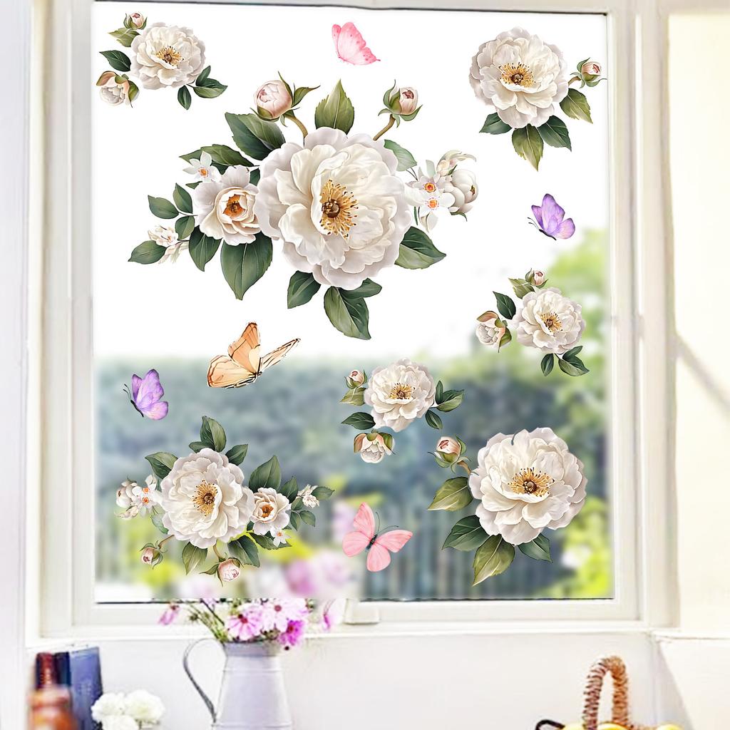 Elegant White Peony Static Cling Window Sticker Self-Adhesive Waterproof Removable Living Room Bedroom Glass Home Decor Art