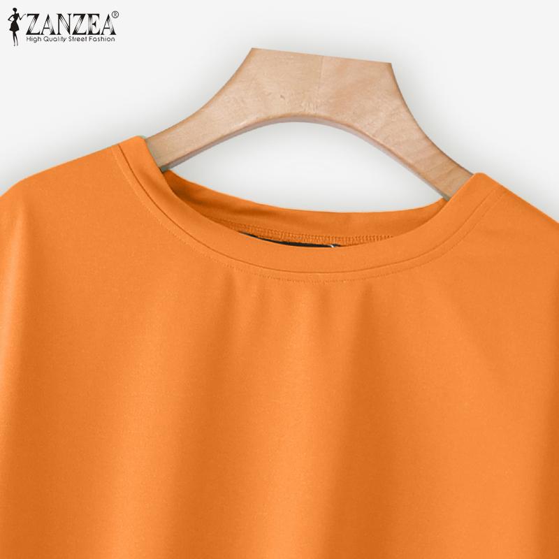 ZANZEA T-shirts Casuais Femininas de Gola Redonda, Bainha Irregular Soltas de Manga Curta