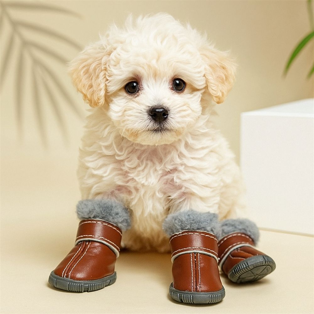 4PCS Plush Winter Pet Dog Shoes Non Slip Rubber Soles Dog Snow Boots Wear-resistant PU Leather Dog Fleece Shoes Winter Season