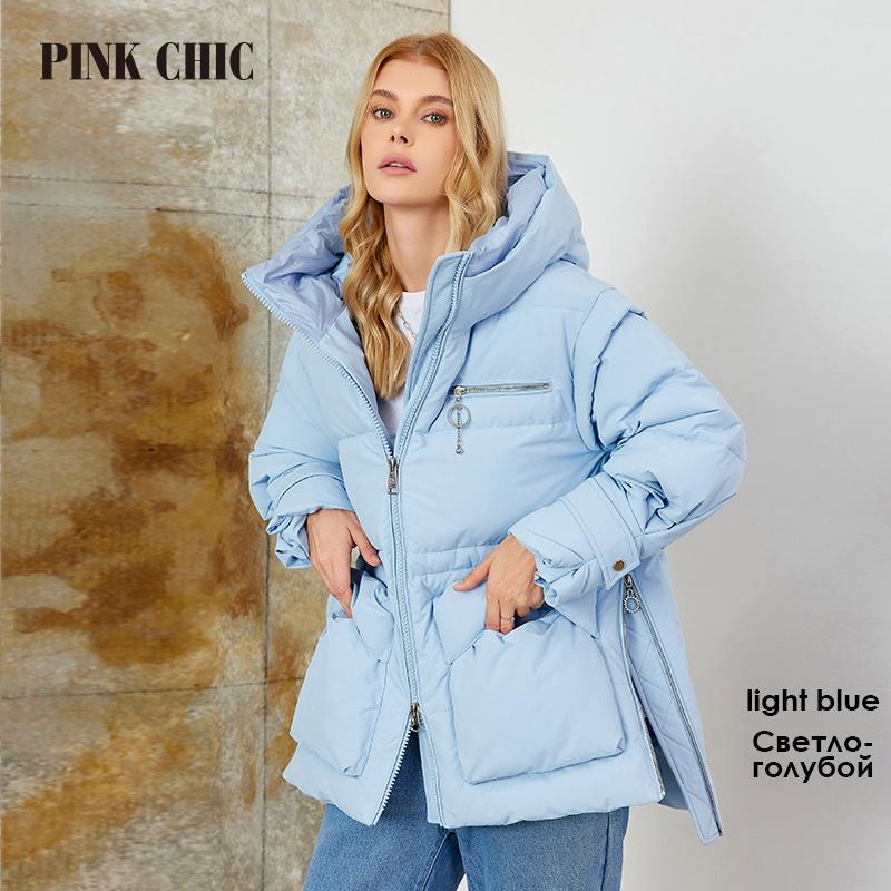 

PINK CHIC 2025 Новое зимнее пальто Женские пуховики Высокое качество Темный теплый шнурок с капюшоном короткая версия Парка Женская W6651 L синий