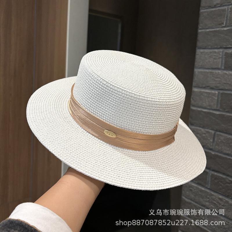 French Elegant Generous Flat Top Flat Brim Straw Hat Women's Spring and Summer Big Brim Sunshade Sun Protection Outdoor Travel Beach Sun Hat