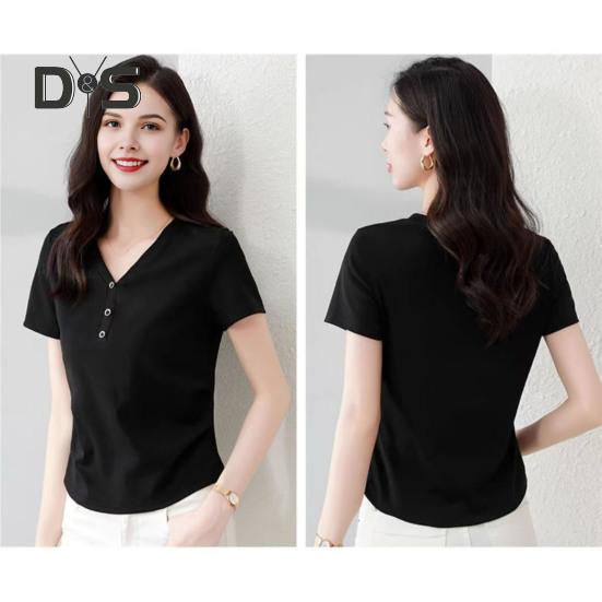 Damen T-Shirt mit V-Ausschnitt und Knöpfen, kurzärmelig, schmale Passform, weich, elastisch, Pullover, Oberteile für den Pendlerstil