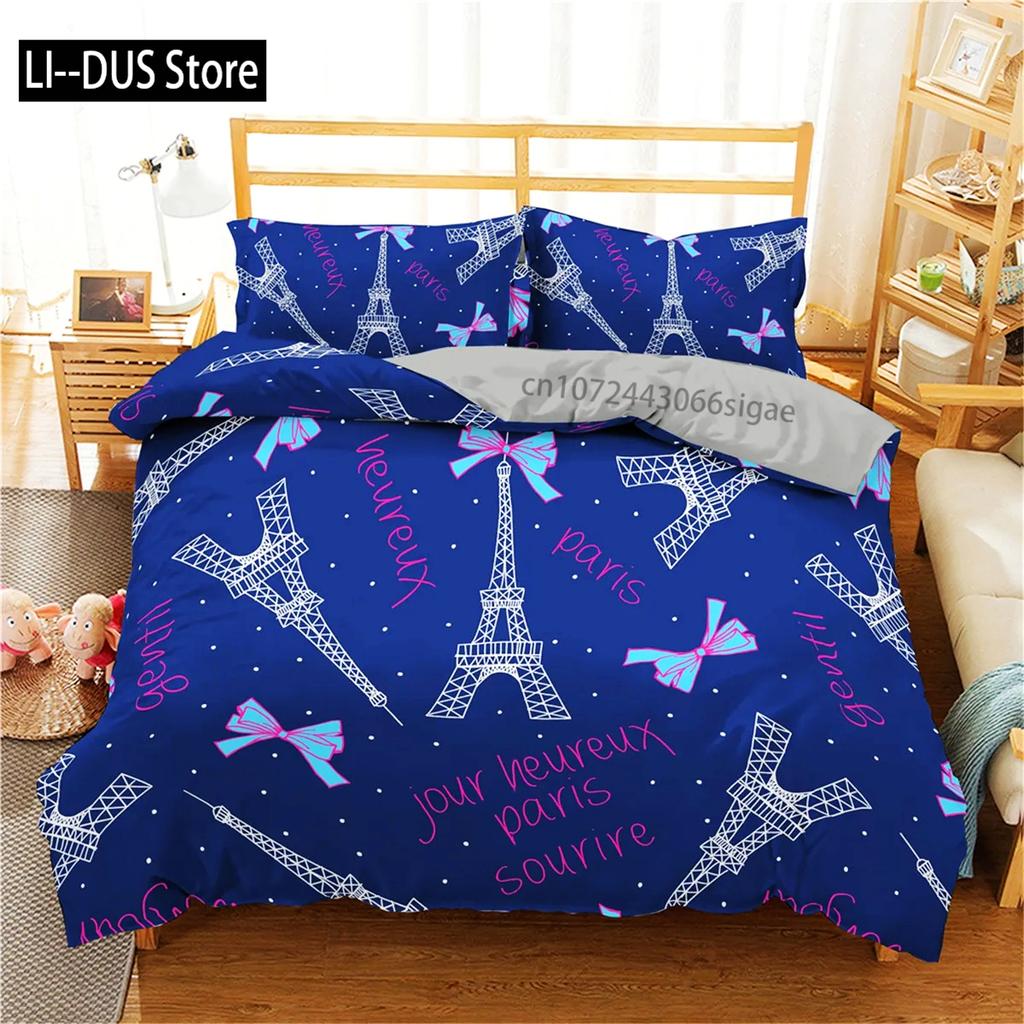 Comforter Eiffel Tower King Size Paris Tower Bedding Set Microfiber French Style Home Decor Grey Cityscape