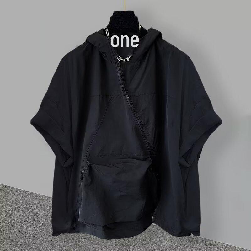 

Мужская модная футболка с коротким рукавом, капюшоном, застежкой-молнией и большим карманом - корейский летний стиль 3X Large чёрный