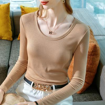 Long-sleeved Bottoming Shirt for Women's Spring and Autumn New Women's Clothing, Basic Round Neck Solid Color T-shirt with Elastic Tight Top Inside